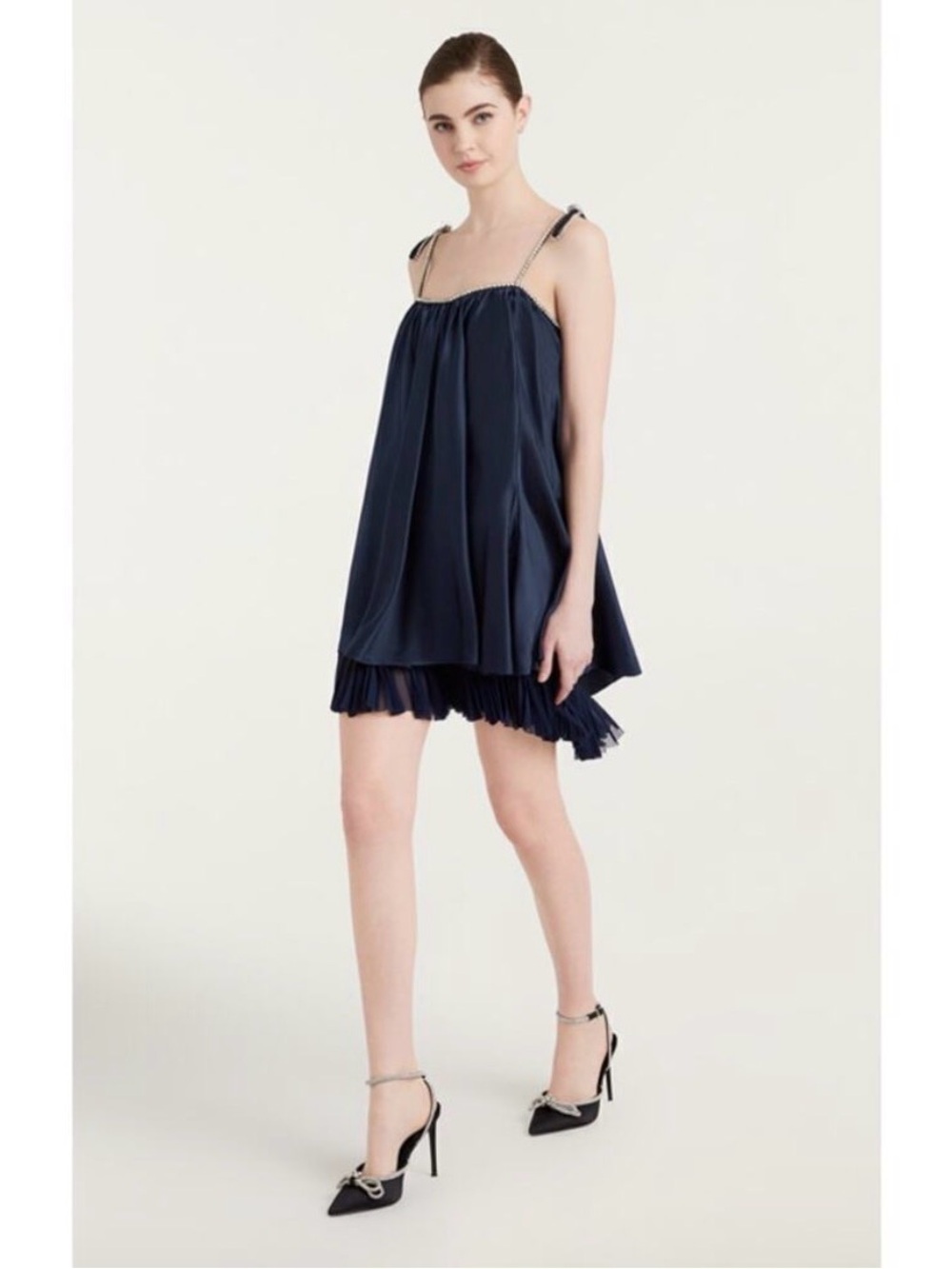 CINQ A SEPT Aimes Rhinestones Pleated Hook And Eye Silk Mini Dress Navy Size 8 M